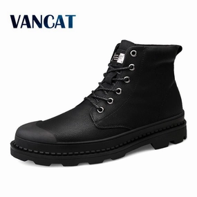 Vancat High Quality Genuine Leather Men Boots Winter Waterproof Ankle Boots Martin Boots Outdoor Working Snow Boots Men Shoes Western Boots Rhinestone