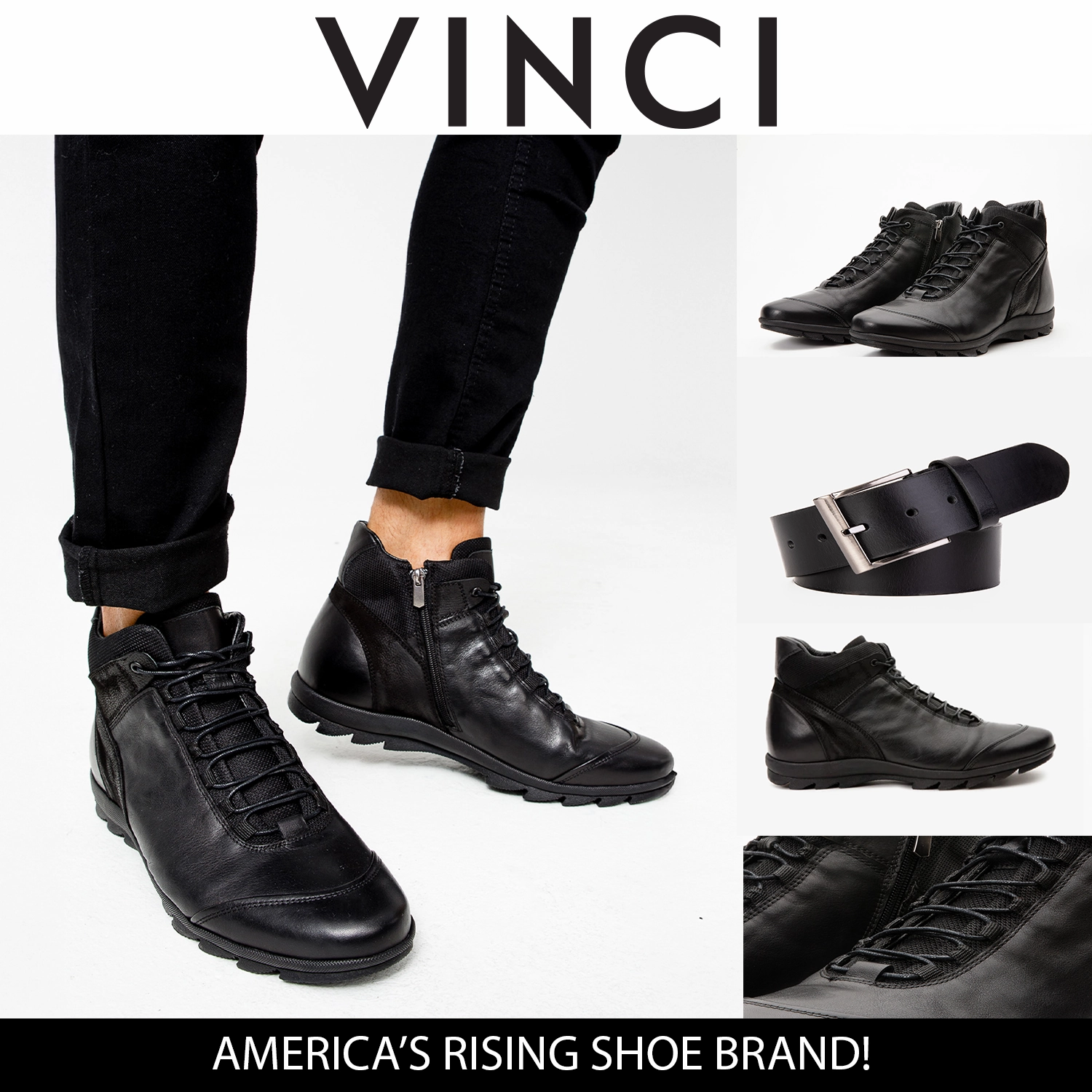 The Houston Leather Black Lace-Up Casual Men Boot with a Zipper Light Weight Snowboard Boots