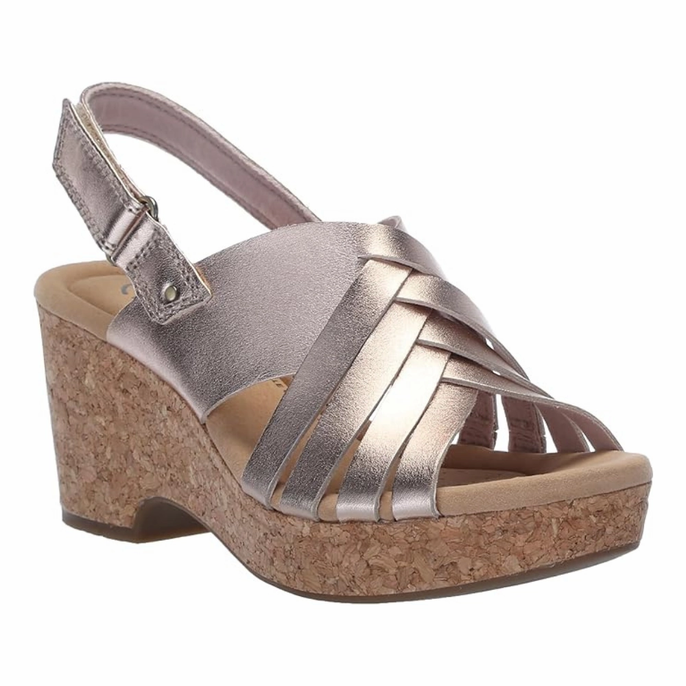 Clarks Giselle Glow Rose Gold Leather Wedge Sandals (Women's) Sandals Size 4