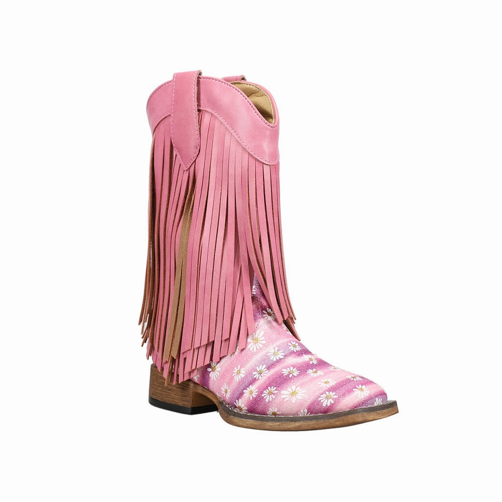 Double Fringe Glitter Metallic Square Toe Cowboy Boots (Little Kid) Designer Ankle Boots