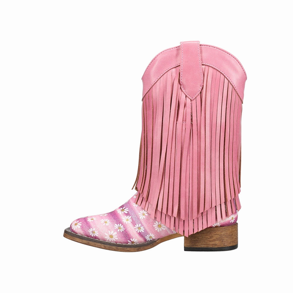 Double Fringe Glitter Metallic Square Toe Cowboy Boots (Little Kid) Off White Cowgirl Boots