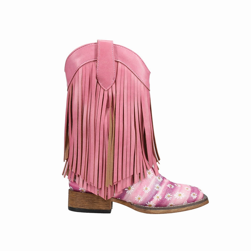Double Fringe Glitter Metallic Square Toe Cowboy Boots (Little Kid) Wednesday Addams Boots