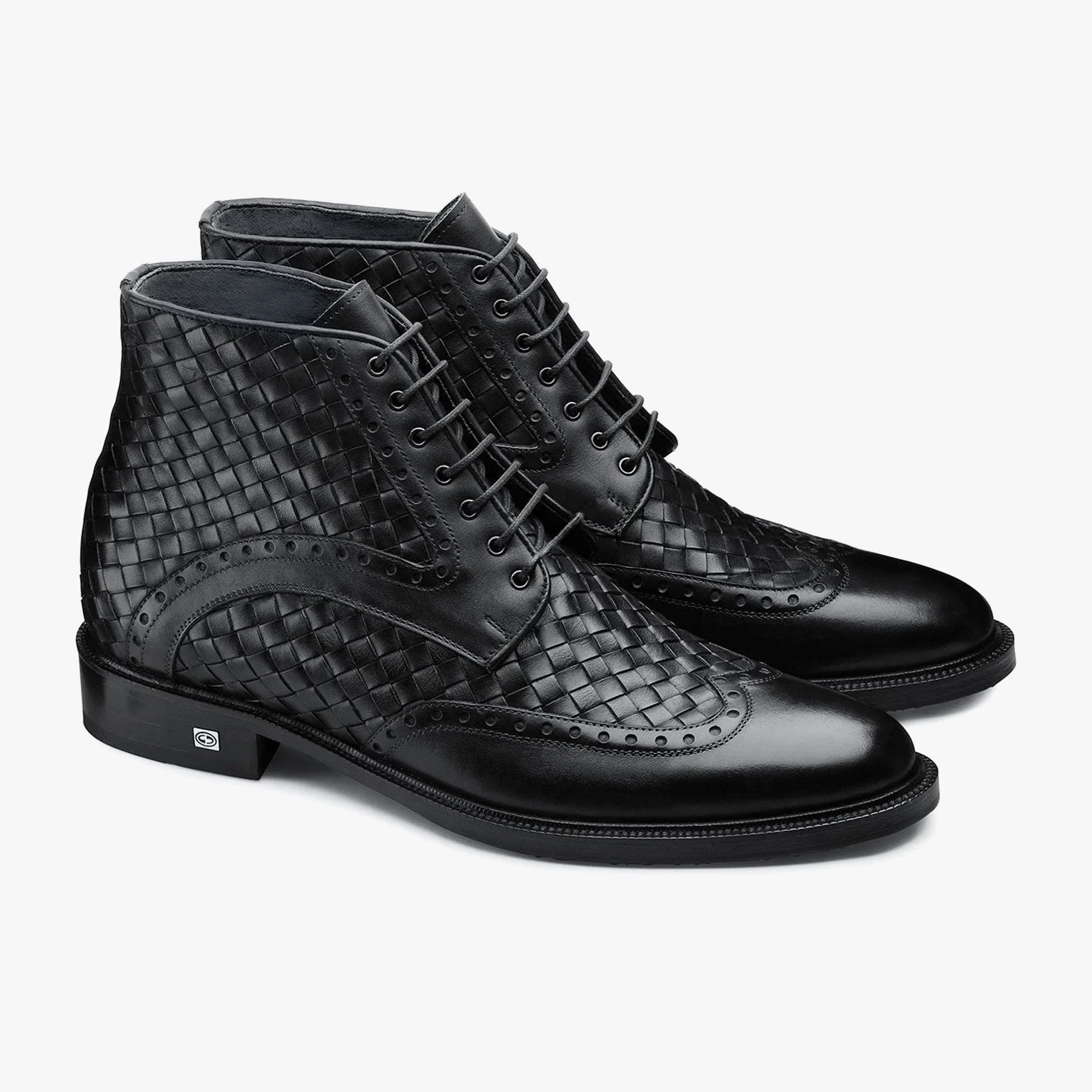 Knee High Lace Boots Men's Black Woven Leather Boot