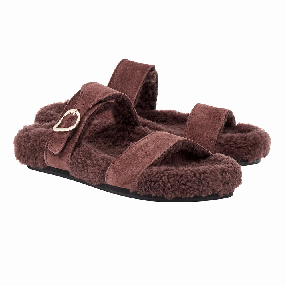 Latria All Brown Shearling Sandals
