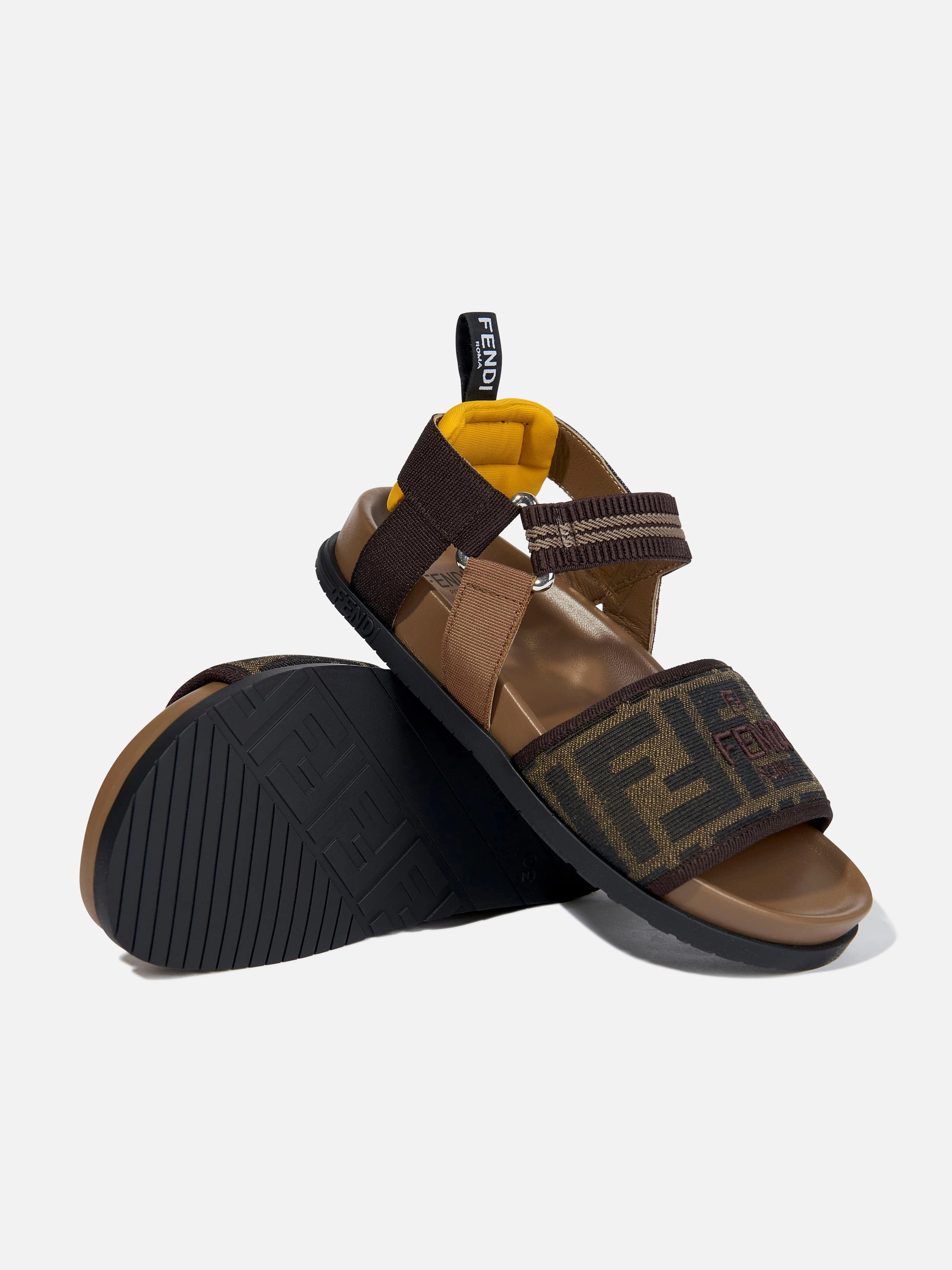 Fendi Girls FF Jacqaurd Logo Sandals in Brown Wedge Clear Sandals