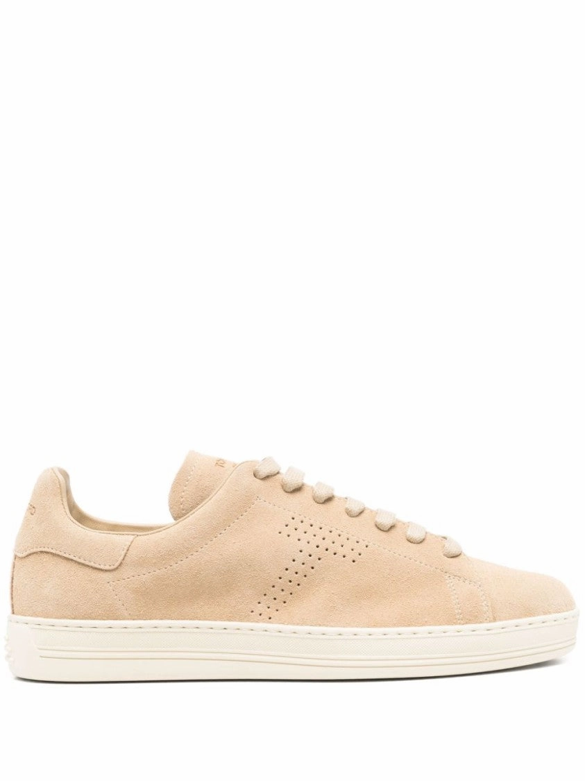 Casual Athletic Sneakers Beige Suede Sneakers With Perforated Logo Detail