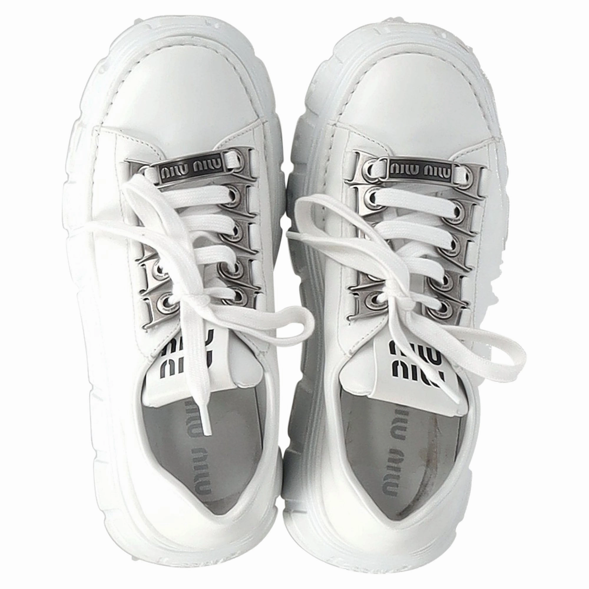 Miu Miu Platform Lace-Up Sneakers in White Leather Check Sneakers