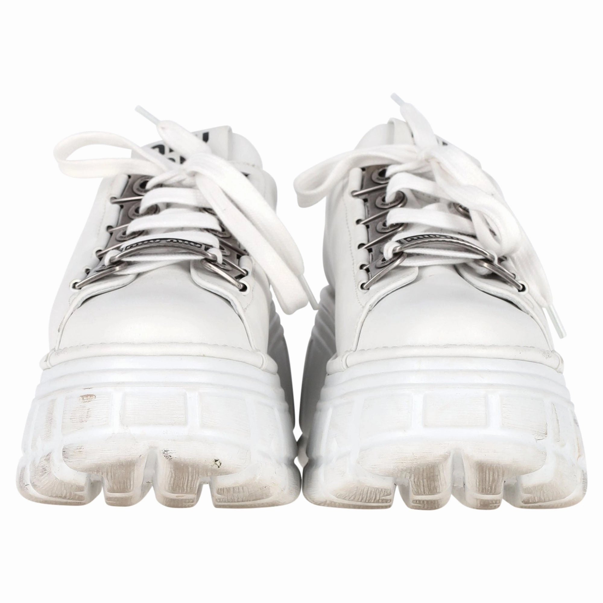 Miu Miu Platform Lace-Up Sneakers in White Leather Leather High Top Sneakers