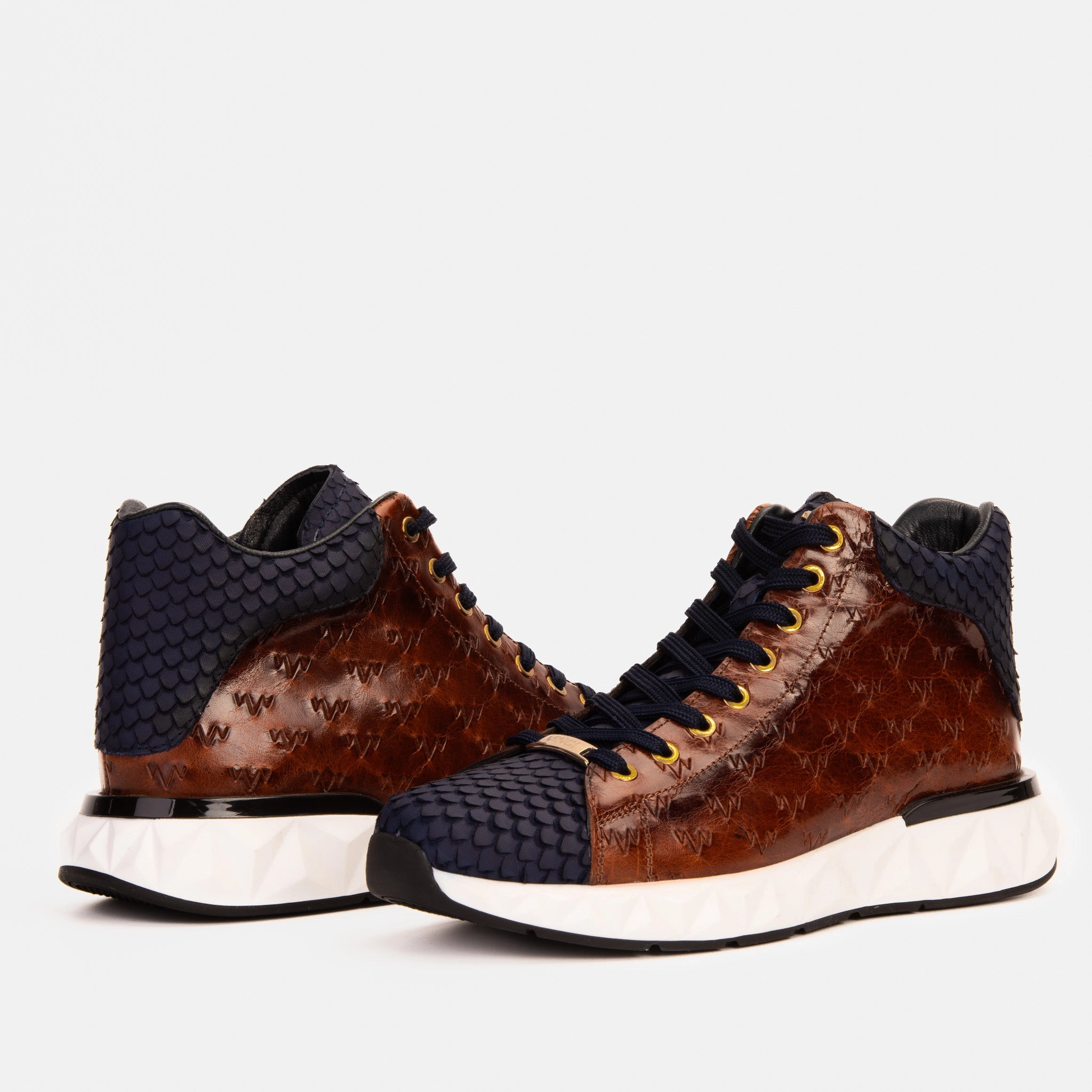 The Caesars Brown & Navy Leather High-Top Men Sneaker Boots In The Park