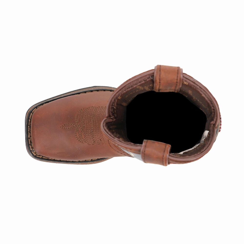 Lil' Rebel Patriotic Flag Cowboy Square Toe Boots (Toddler-Big Kid) Brown Lace Up Boots