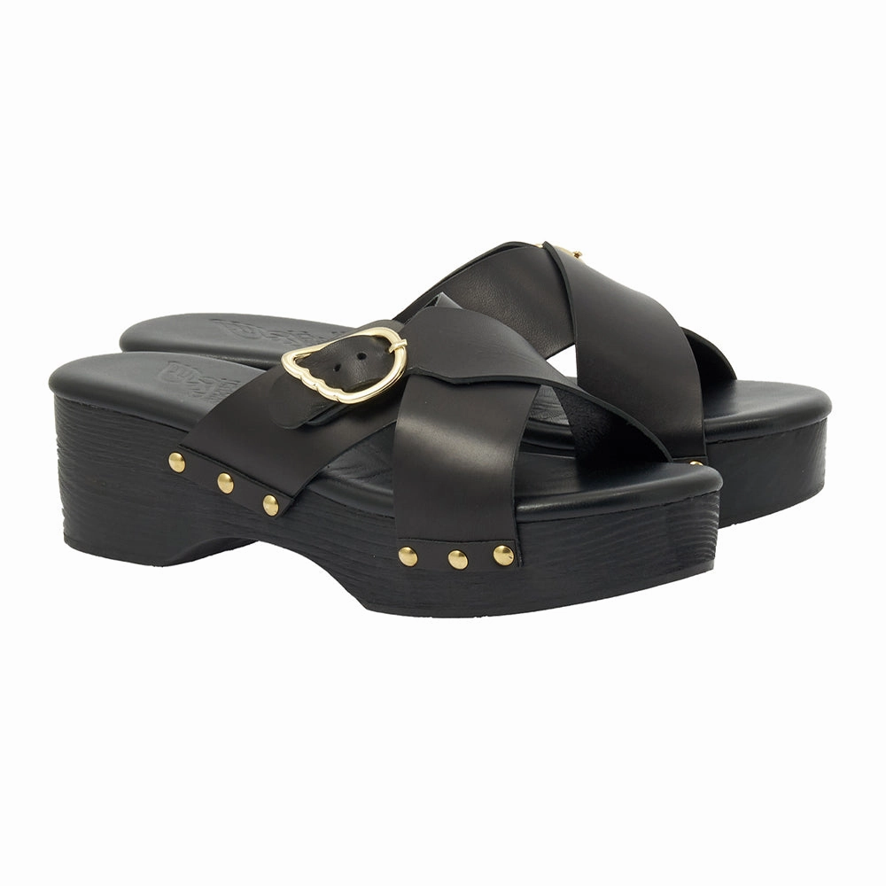 Leather Block Heel Sandals Marilisa Clog Black