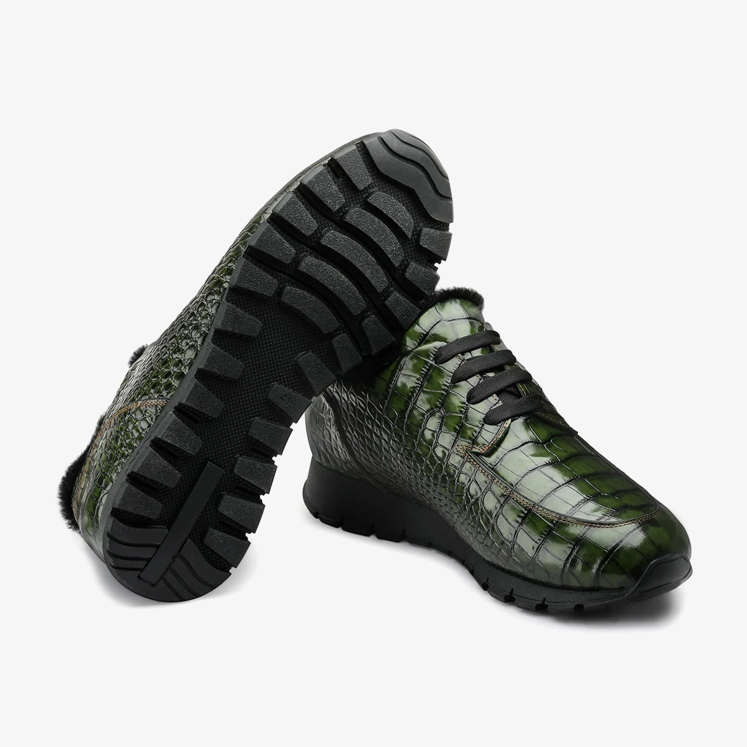 Cowboy Boots For Cheap Men's Dark Green Glossy Croc-Print Sneaker