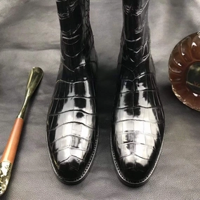 Mens Boots,Crocodile Boots,Genuine Crocodile Leather Long Side Zip Boots Black Famous Footwear Boots