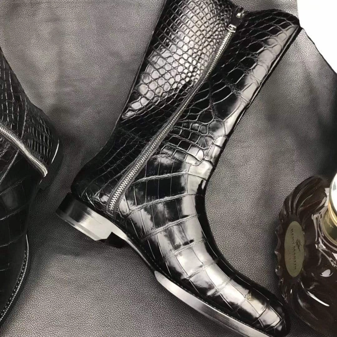 Cowboy Boots Pointy Mens Boots,Crocodile Boots,Genuine Crocodile Leather Long Side Zip Boots Black