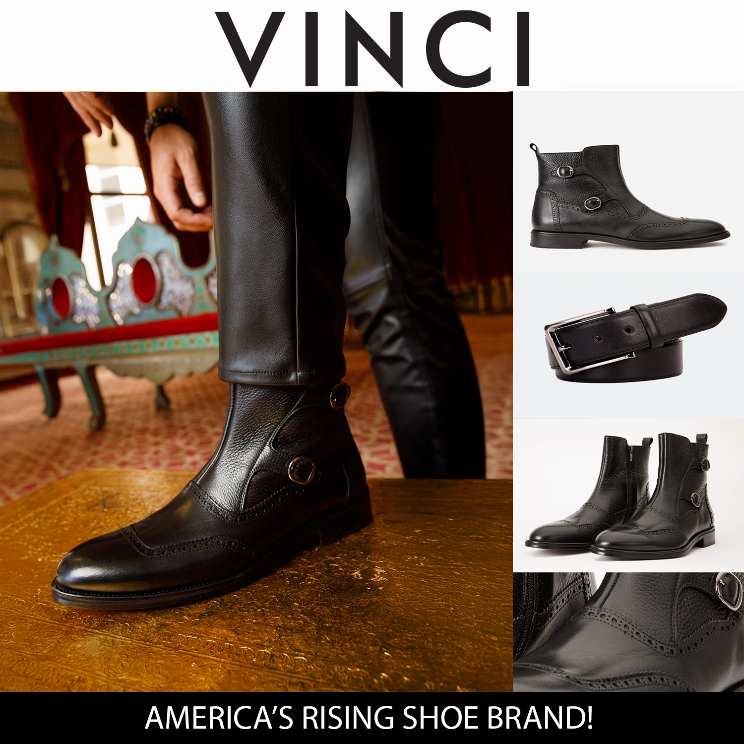 Ride Boots The Rand Black Leather Double Buckle Brogue Men Boot with a Zipper