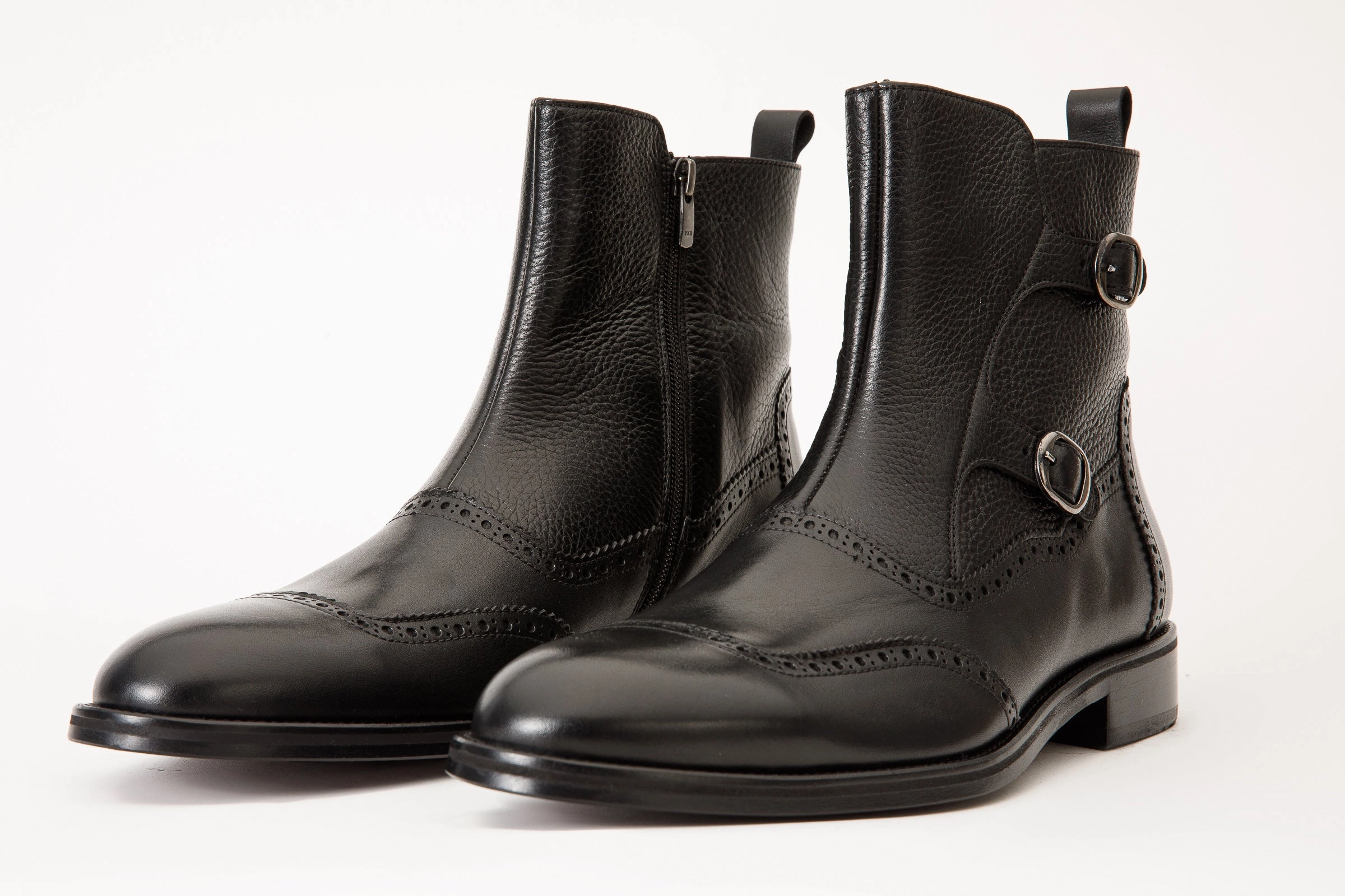 The Rand Black Leather Double Buckle Brogue Men Boot with a Zipper Lacy Boots