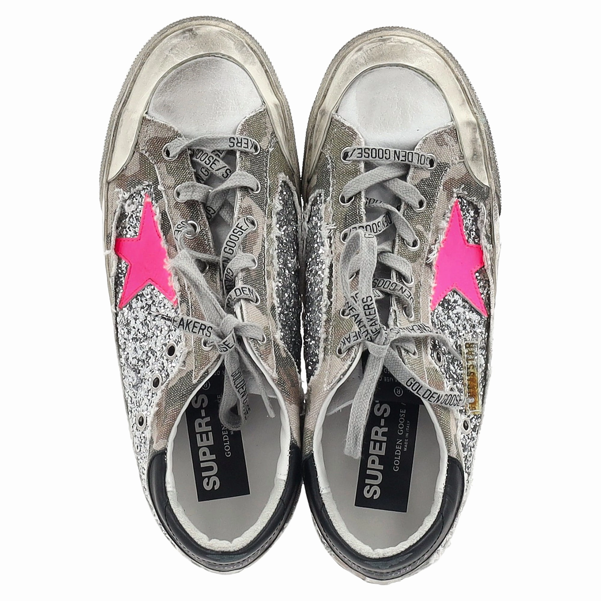 Golden Goose Super-Star Glittered Camo Sneakers in Multicolor Canvas Black On Black Slip On Sneakers