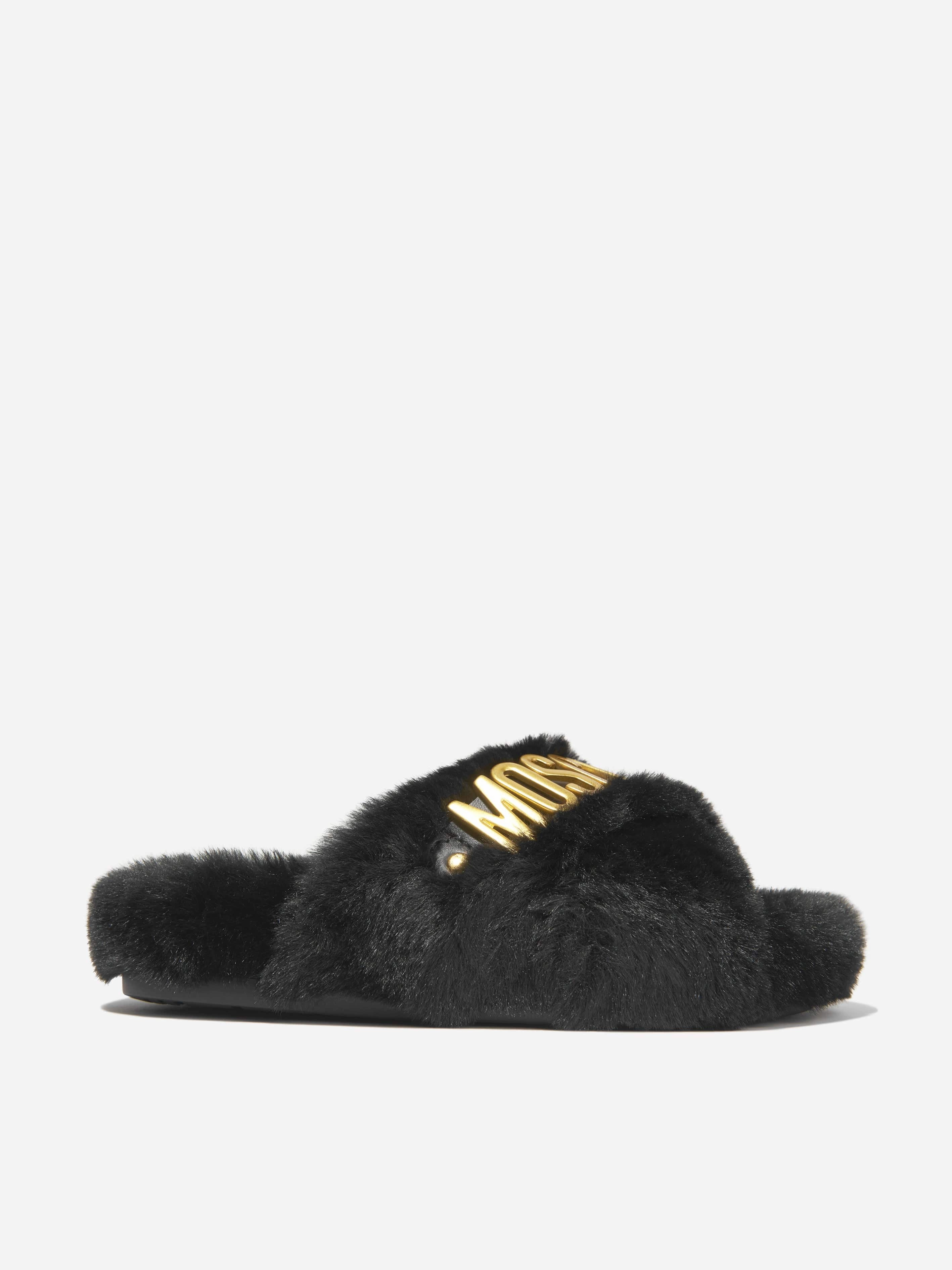 Slippers With Rubber Sole Moschino Girls Faux Fur Logo Slippers