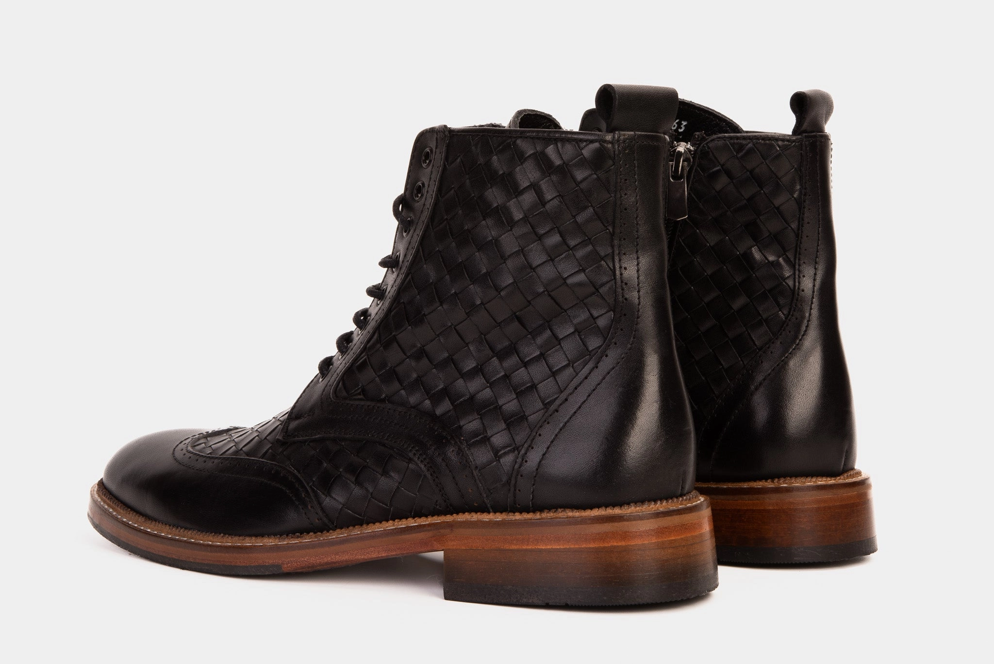 Academy Hiking Boots The Loddon Black Leather Wingtip Brogue Handwoven Lace-Up Men Boot with a Zipper