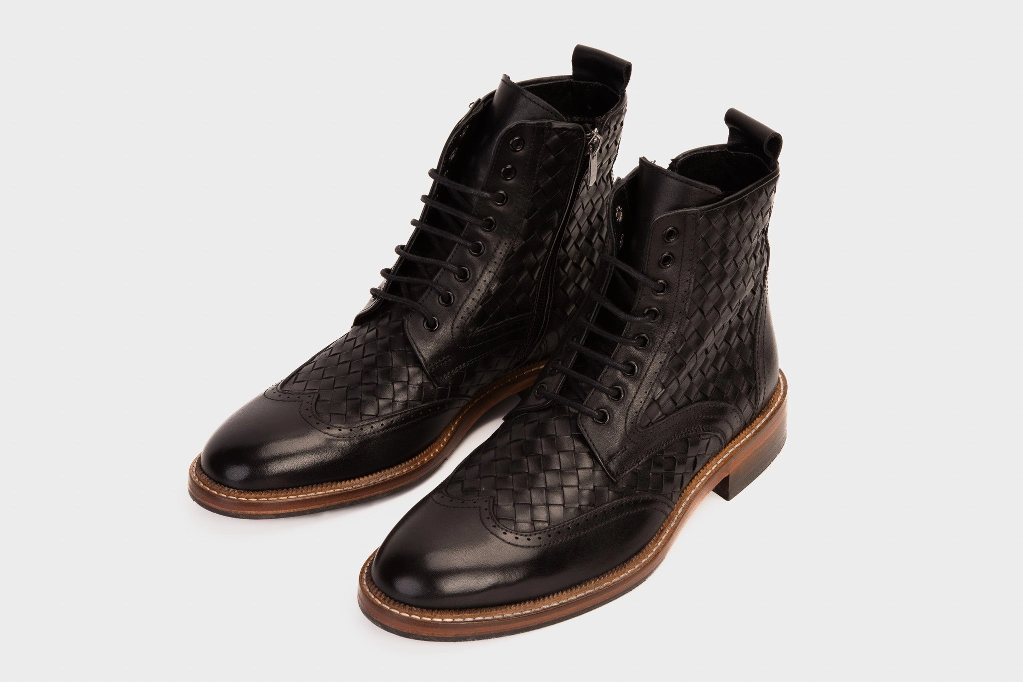 Cole Haan Winter Boots The Loddon Black Leather Wingtip Brogue Handwoven Lace-Up Men Boot with a Zipper