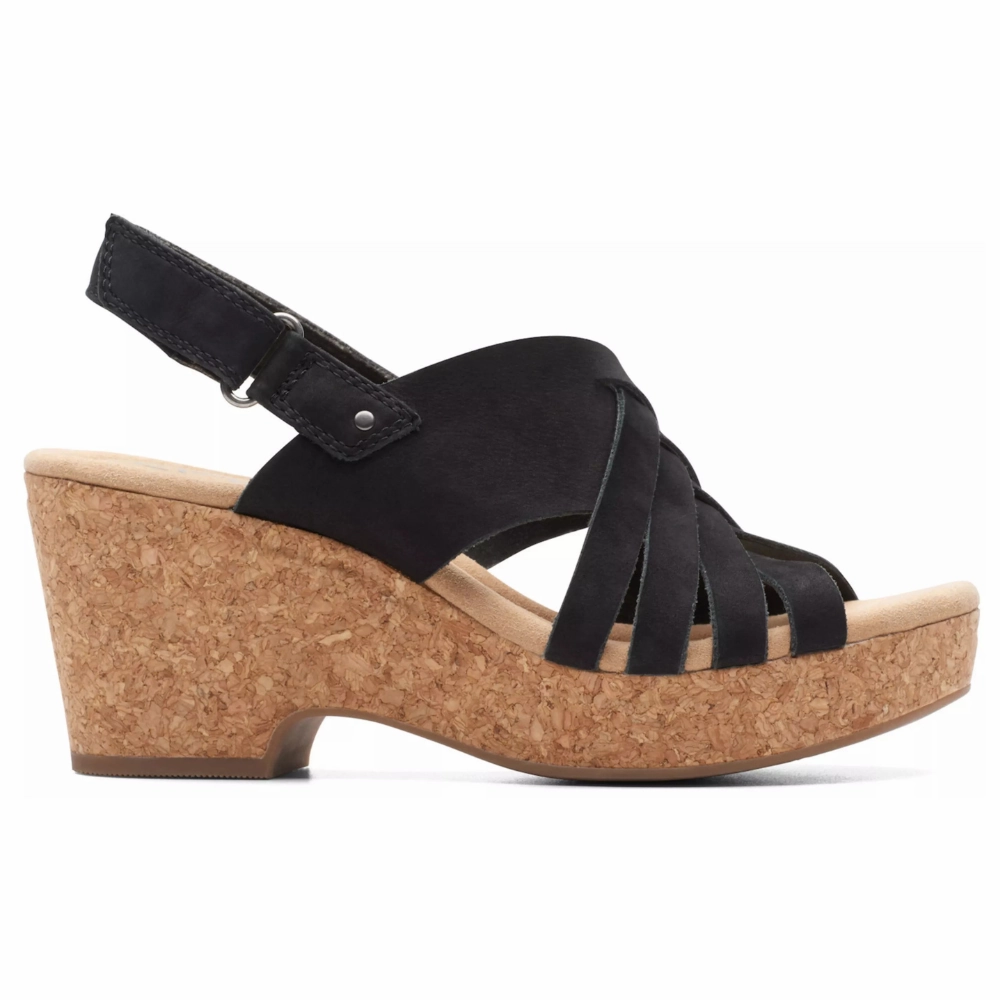 Clarks Giselle Glow Black Nubuck Wedge Sandals (Women's) Gothic Sandals
