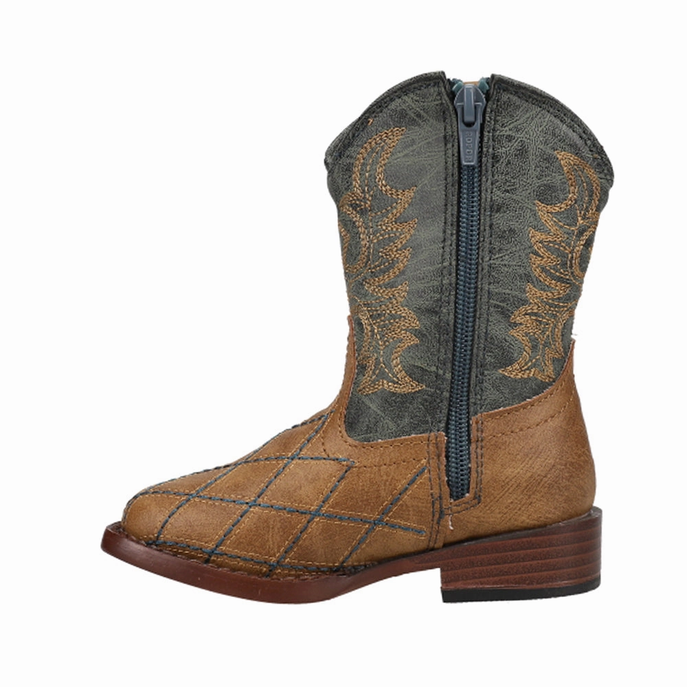 Cross Cut Checkered Embroidery Square Toe Cowboy Boots (Toddler) Brown Fur Boots