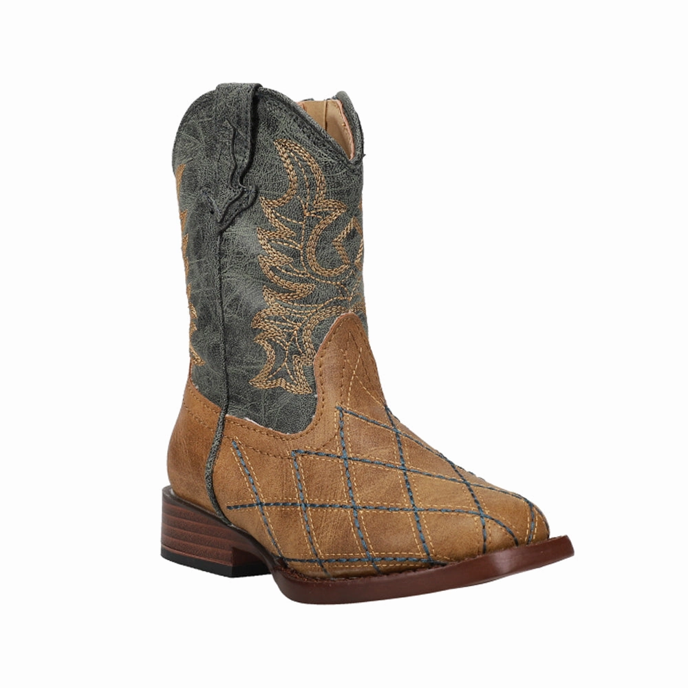 Cross Cut Checkered Embroidery Square Toe Cowboy Boots (Toddler) Equestrian Riding Boots