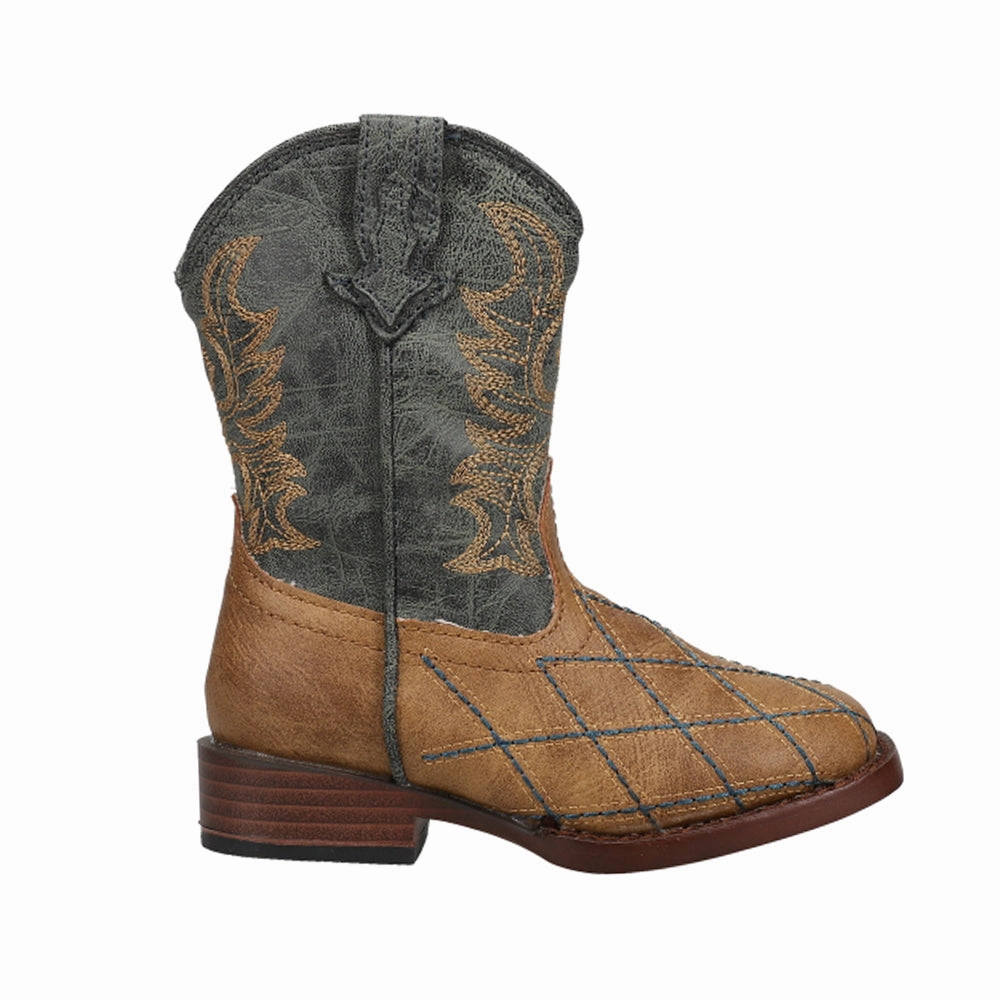 Cross Cut Checkered Embroidery Square Toe Cowboy Boots (Toddler) Tan Cowboy Boots