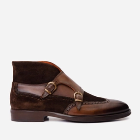 The Albus Brown Leather & Suede Double Strap Monk Brogue Men Boot Mid Calf Slouch Boots