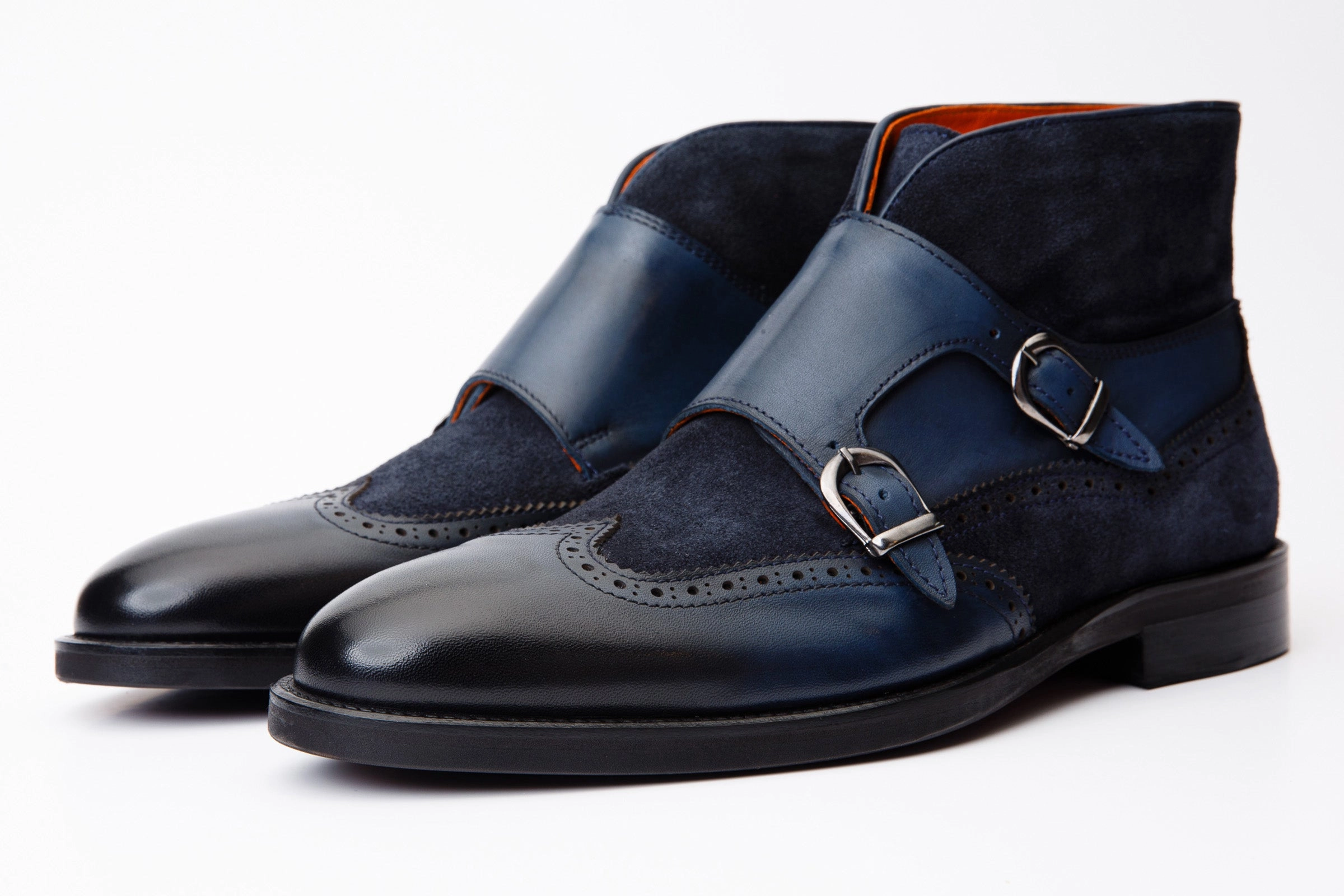 Heel Liners For Boots The Albus Navy Blue Leather & Suede Double Strap Monk Brogue Men Boot