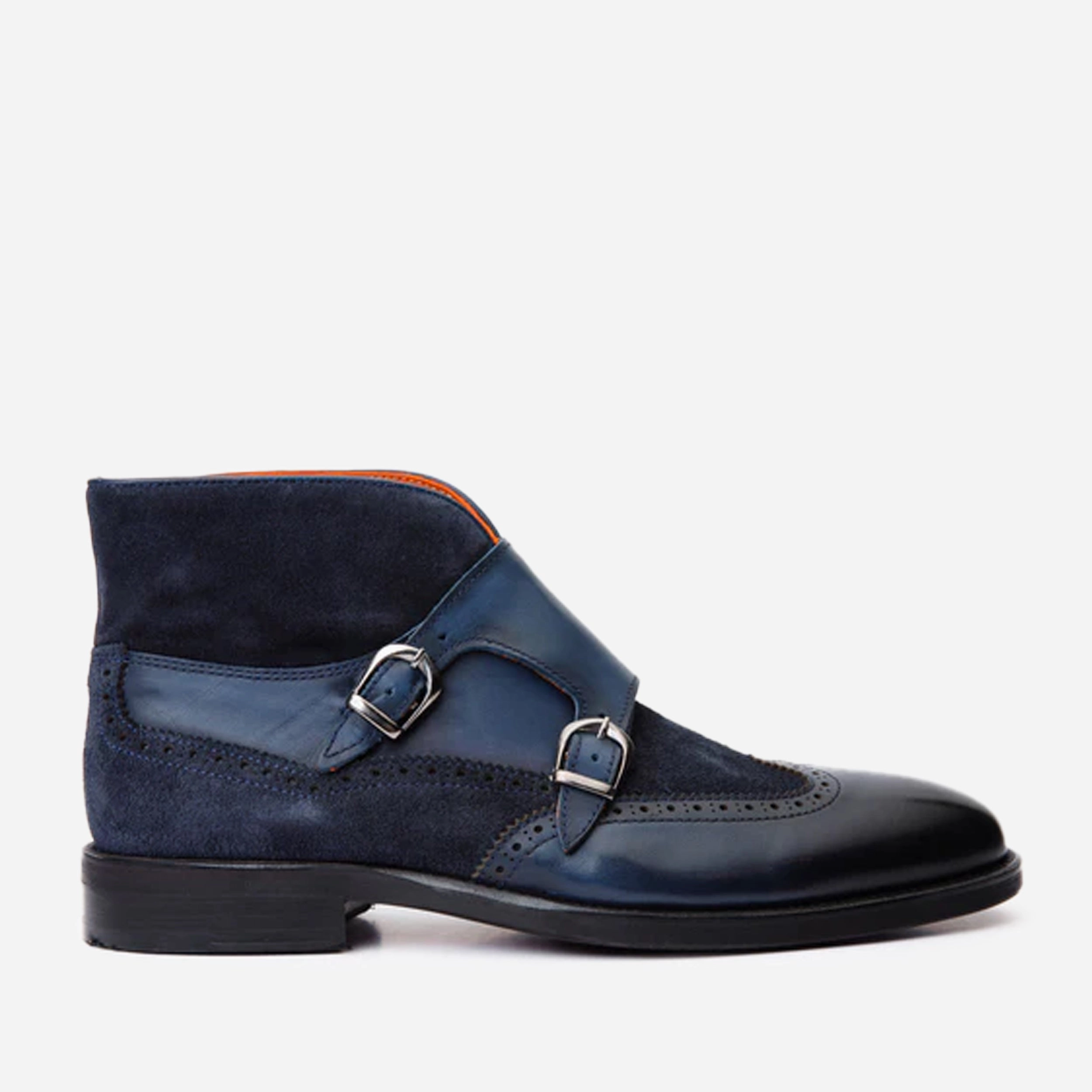 The Albus Navy Blue Leather & Suede Double Strap Monk Brogue Men Boot Suits With Cowboy Boots