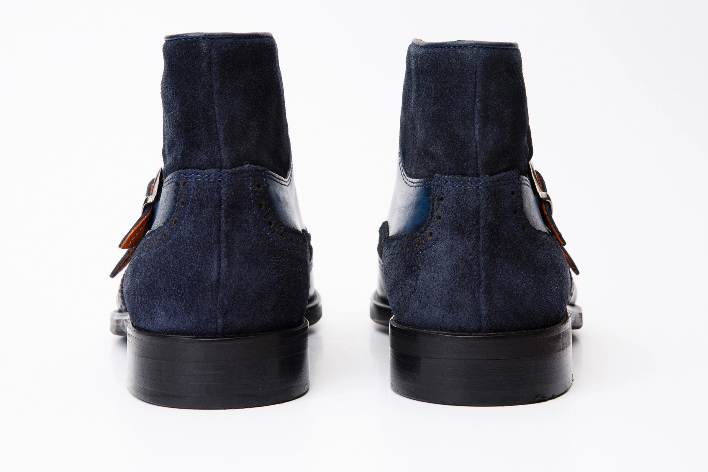 Studded Boots The Albus Navy Blue Leather & Suede Double Strap Monk Brogue Men Boot