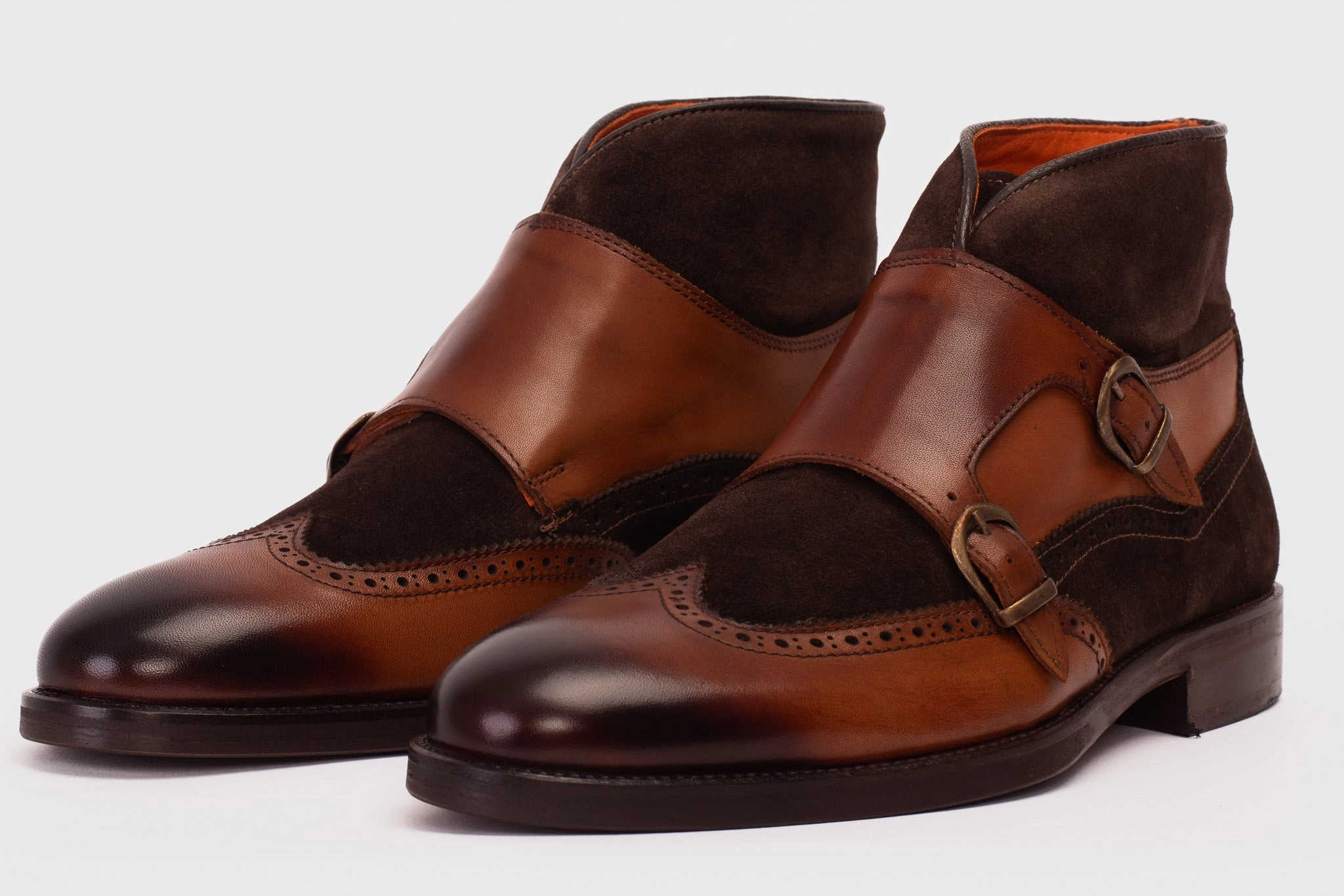 The Albus Tan Leather & Suede Double Strap Monk Brogue Men  Boot Burgundy Combat Boots