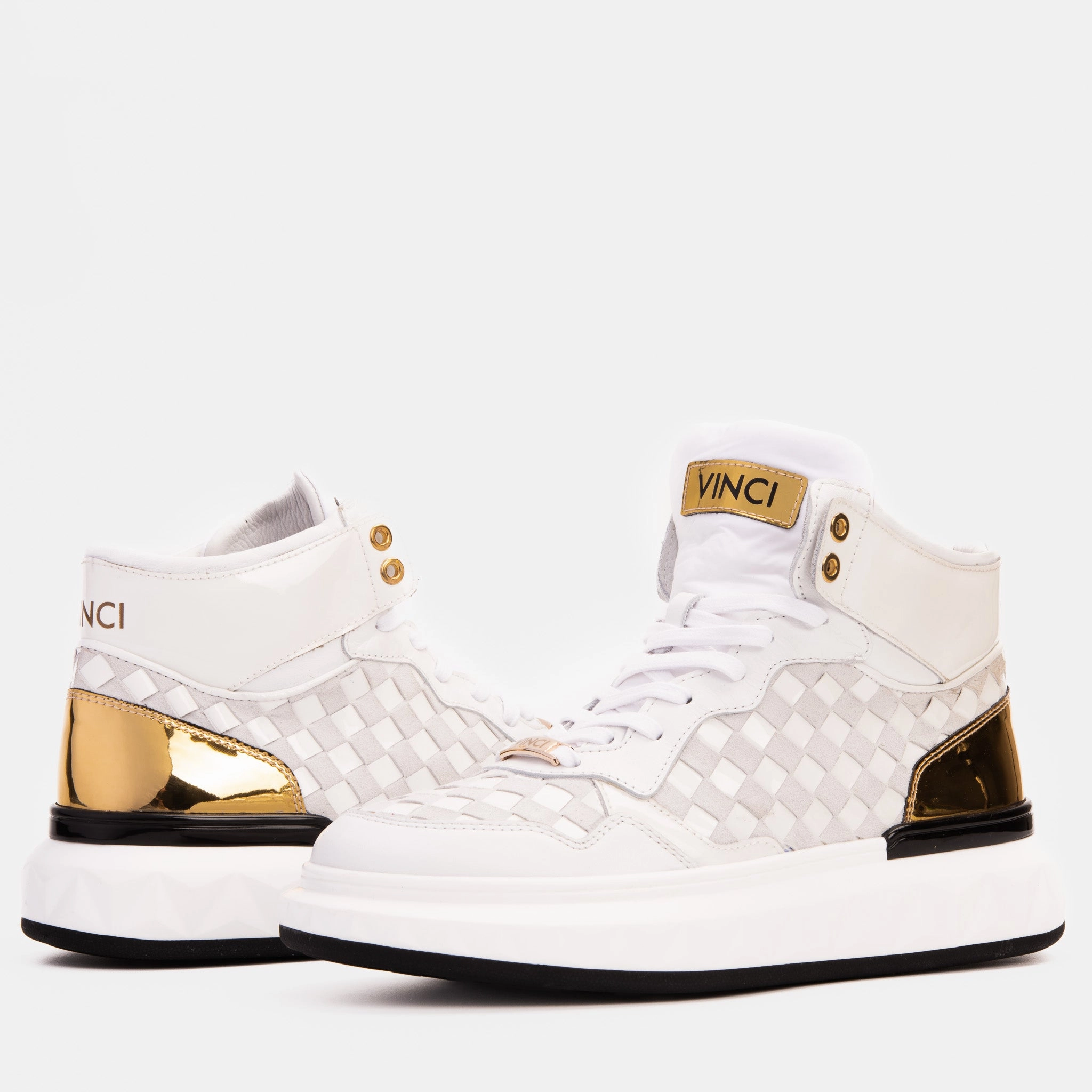 The Eugene White & Gold Woven Leather High-Top Men Sneaker Thigh High Boots Plus Size