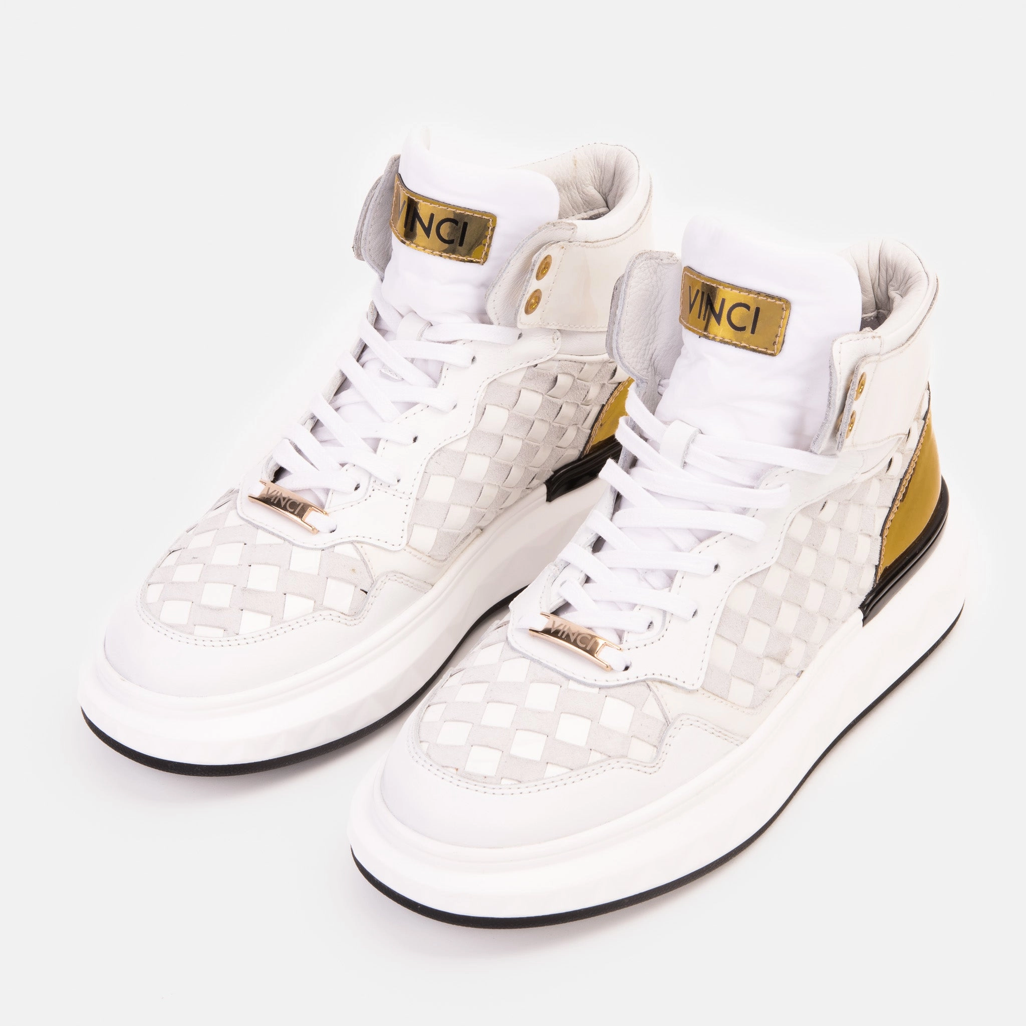 The Eugene White & Gold Woven Leather High-Top Men Sneaker Cowboy Cowgirl Boots