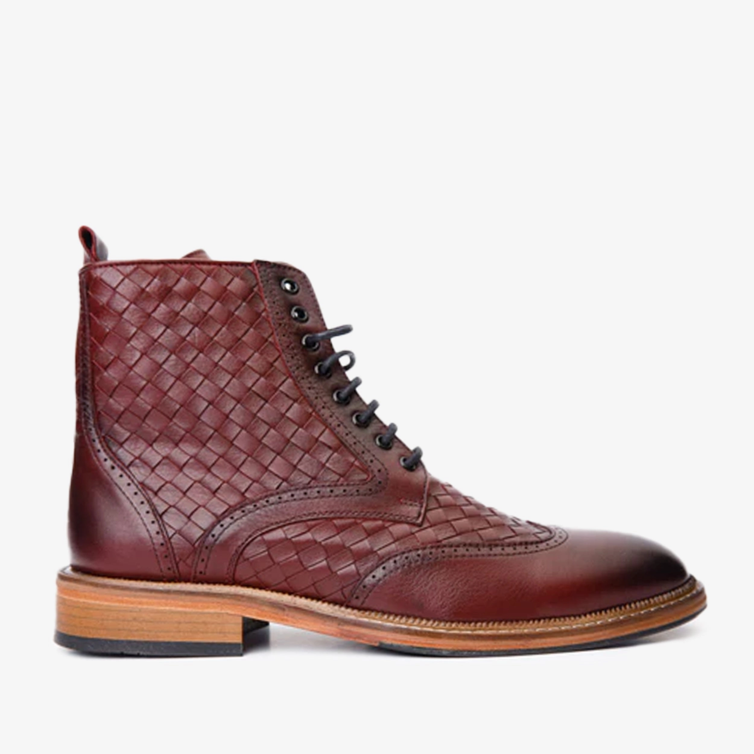 The Loddon Burgundy Leather Wingtip Brogue Handwoven Lace-Up Men Boot with a Zipper Ceramic Cowboy Boots