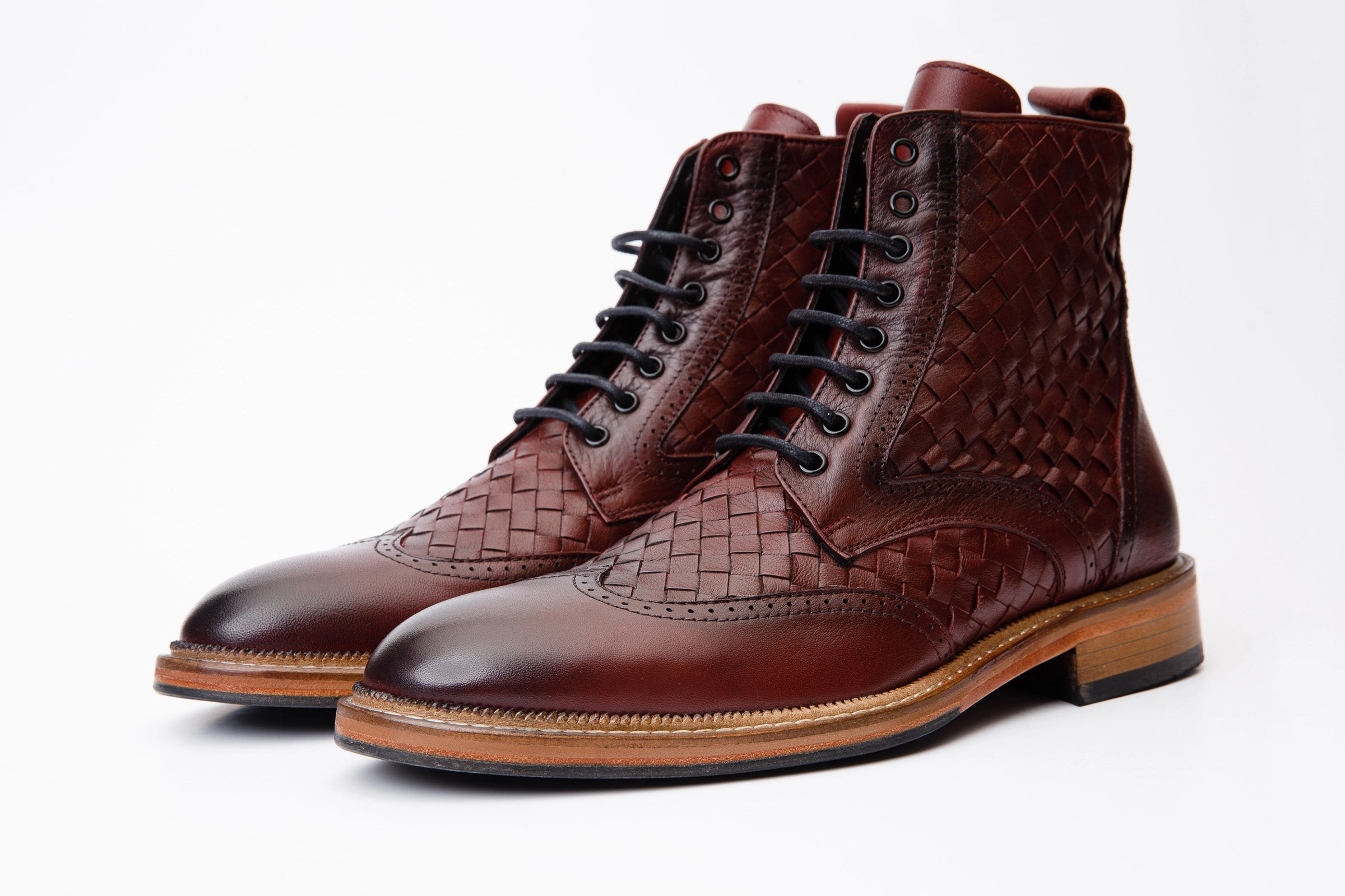 The Loddon Burgundy Leather Wingtip Brogue Handwoven Lace-Up Men Boot with a Zipper Cowboy Western Boots