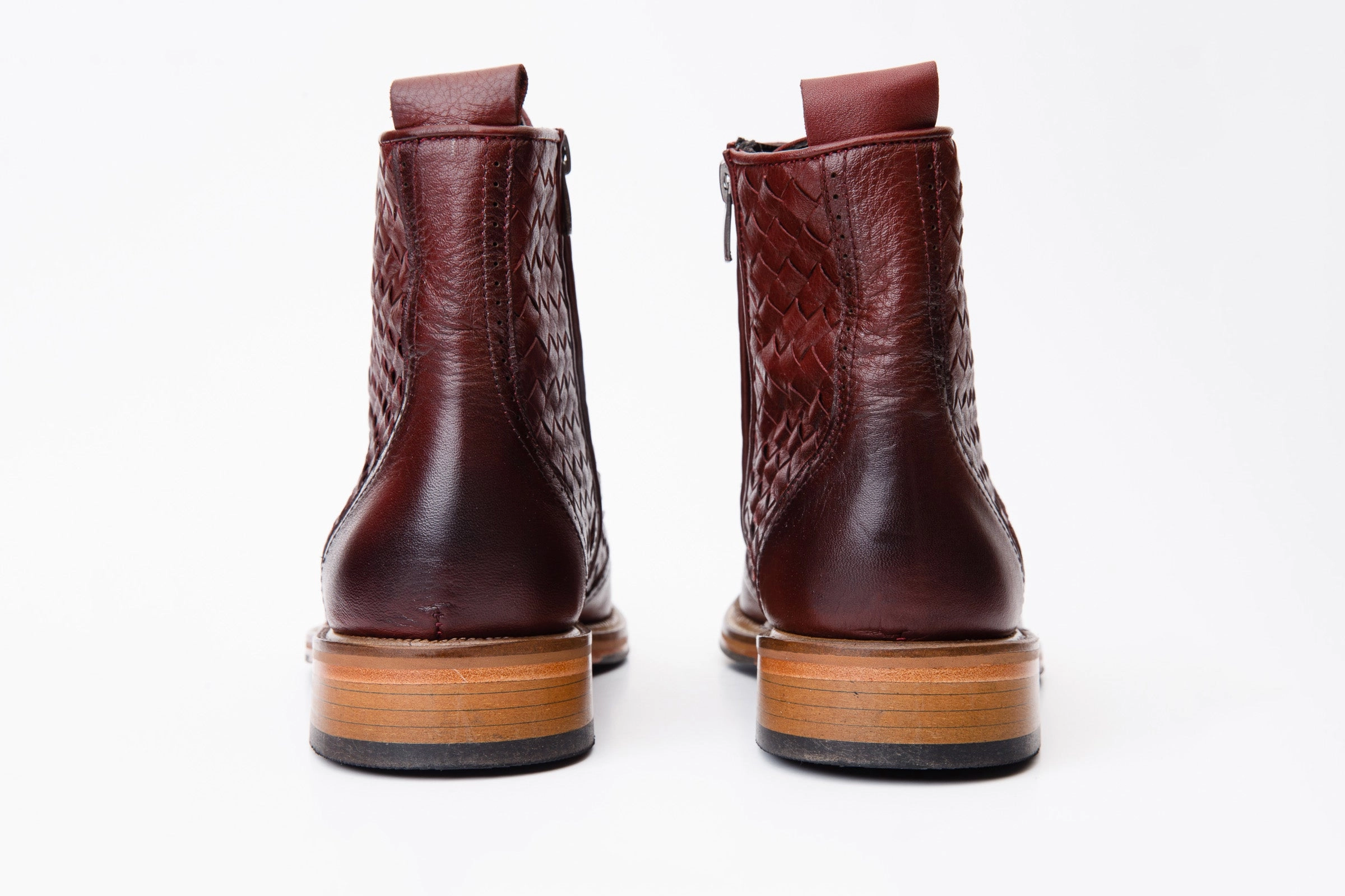 Square Toe Steel Toe The Loddon Burgundy Leather Wingtip Brogue Handwoven Lace-Up Men Boot with a Zipper