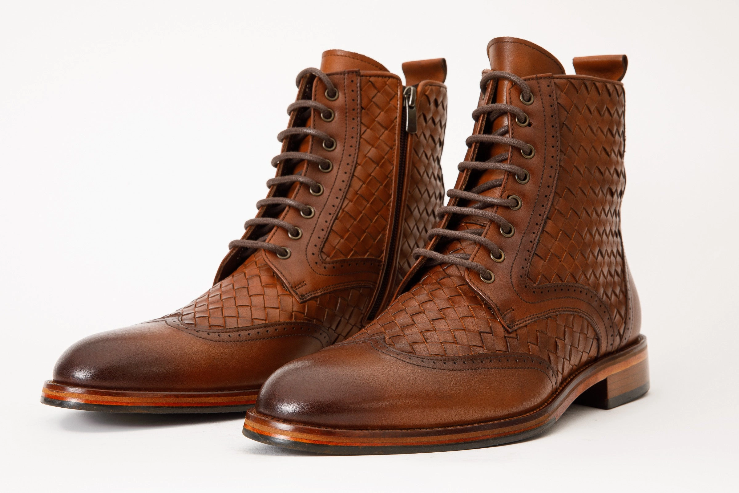 The Loddon Tan Leather Wingtip Brogue Handwoven Lace-Up Men Boot with a Zipper Boots For Winter