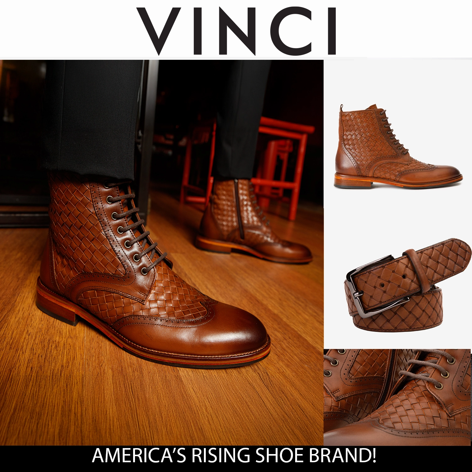 Jean Cowboy Boots The Loddon Tan Leather Wingtip Brogue Handwoven Lace-Up Men Boot with a Zipper