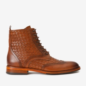 The Loddon Tan Leather Wingtip Brogue Handwoven Lace-Up Men Boot with a Zipper Cowboy Style Boots