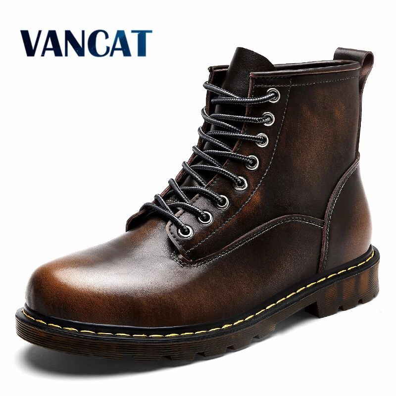 Vancat High Quality Genuine leather Autumn Men Boots Winter Waterproof Ankle Boots  Martin Boots Outdoor Working Boots Men Shoes Rain Boots Tall