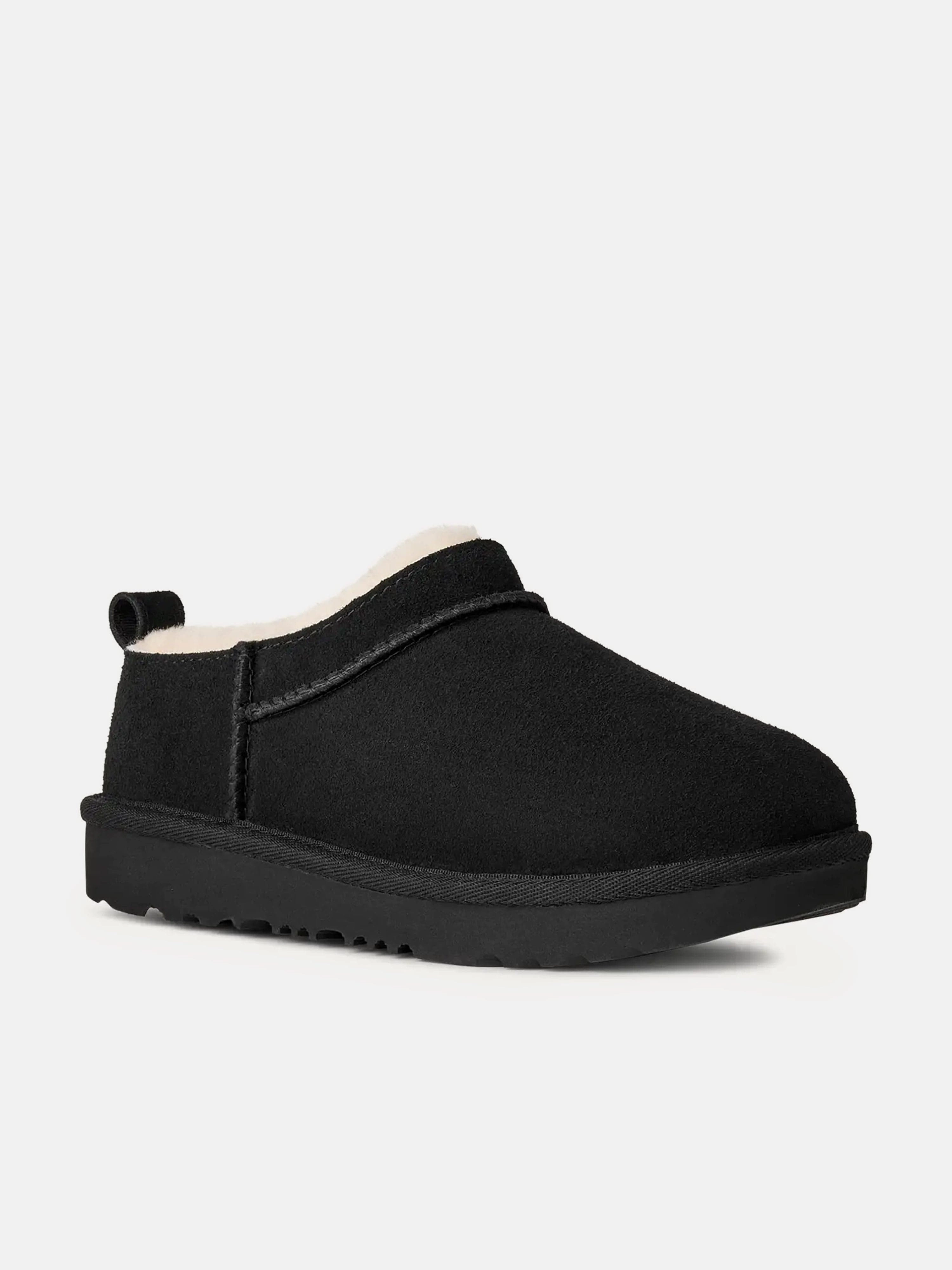 UGG Kids Classic Micro Slippers in Black Australian Shearling Scuff Slippers